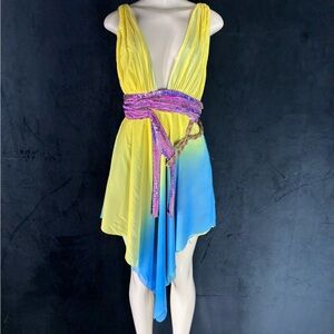 Yellow and Blue Gradient Dress with Purple Belt by Mandalay